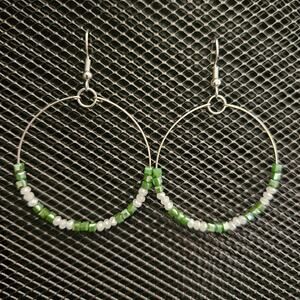 Pine green and milky white glass crystal hoop earrings